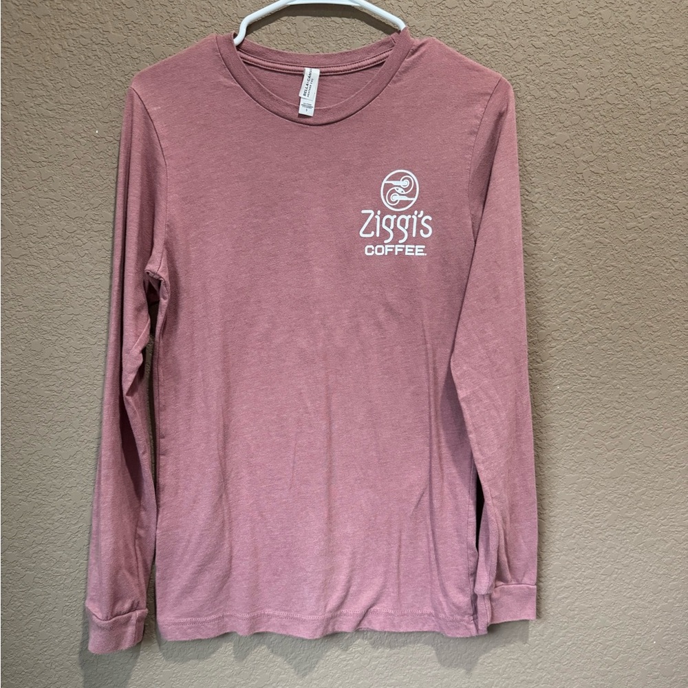 Bella Canvas Pink Long Sleeve Tee Soft Cotton Crew Neck with Ziggi’s Coffee Logo